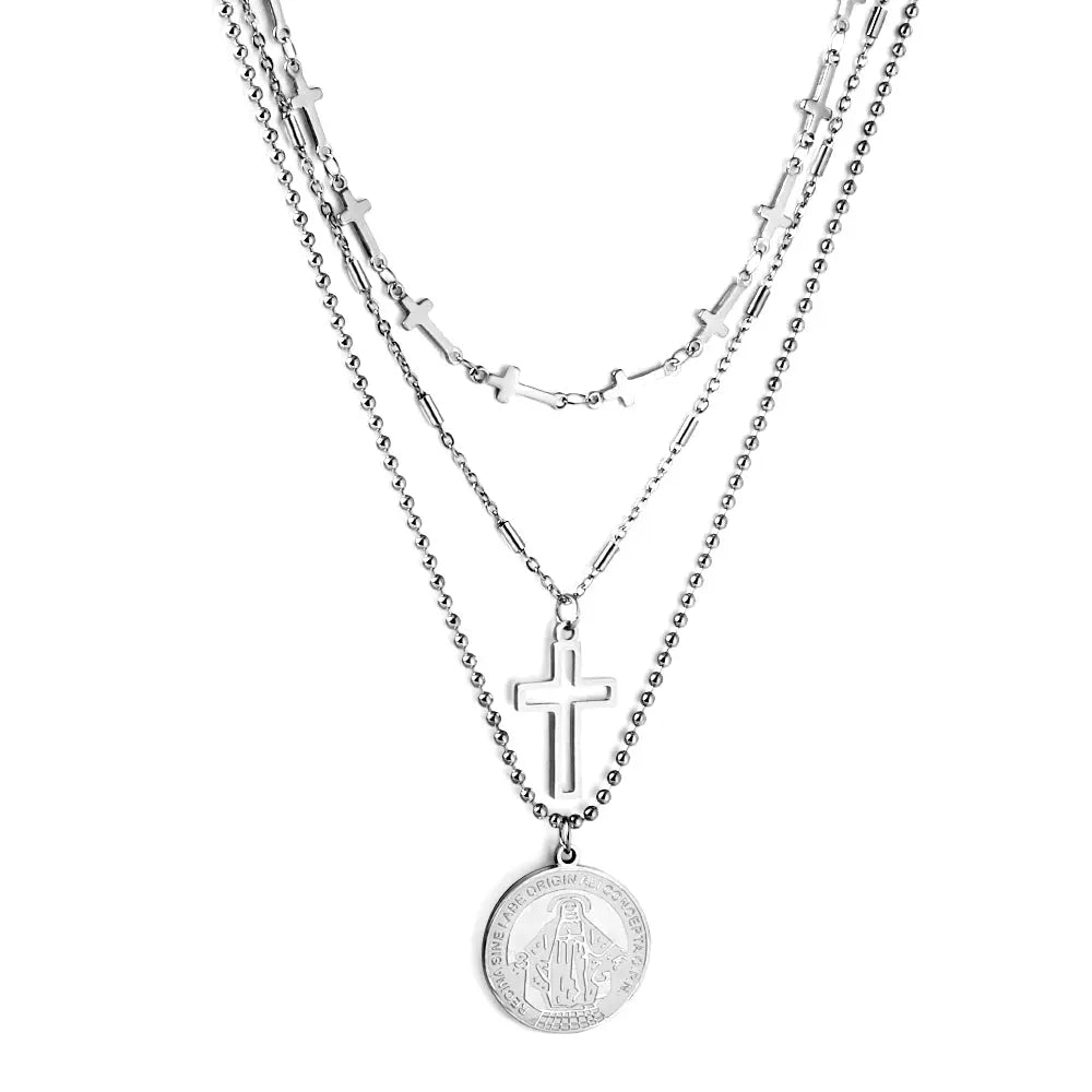 Stainless Steel Round Accessories With Pattern + Cross Accessories + Cross With Chain Three Chains Necklace asonjewelry